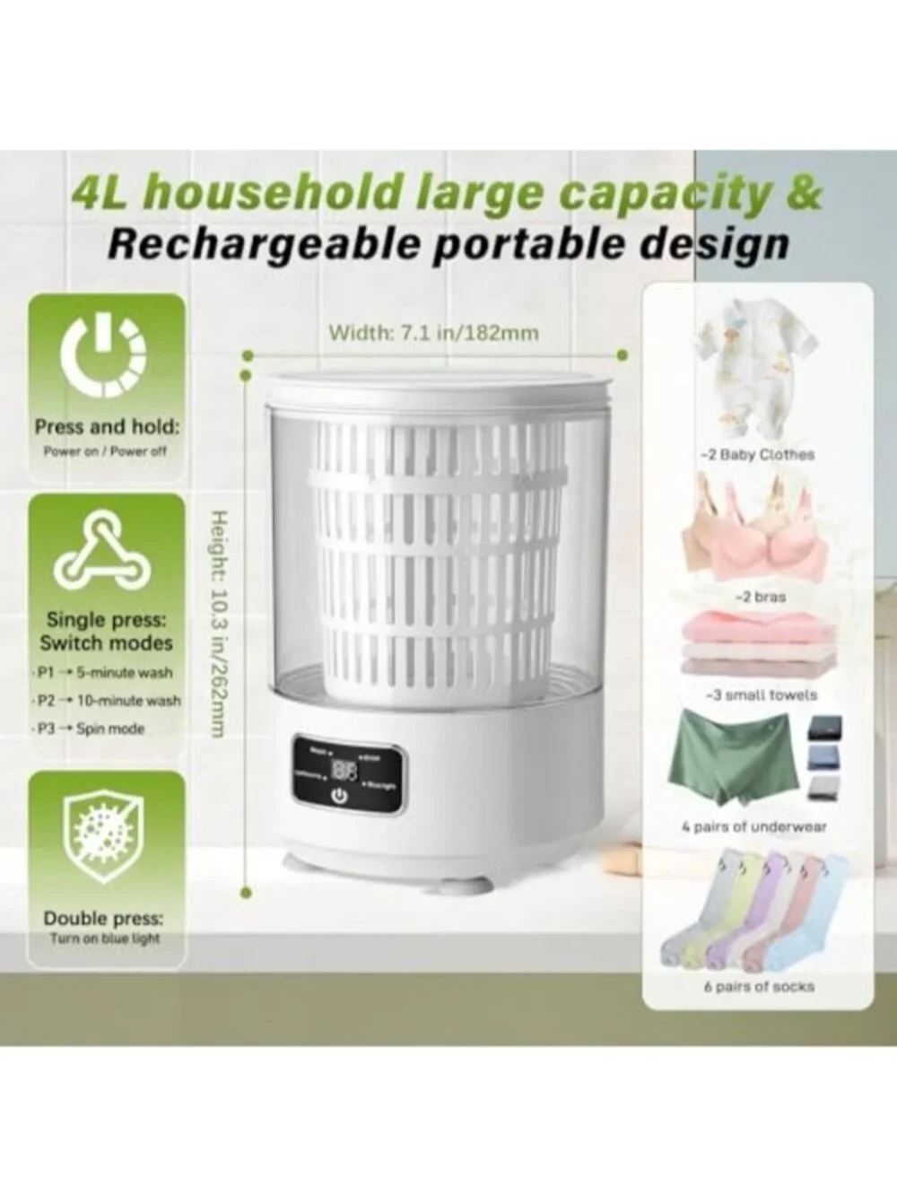 Portable Mini Washing Machine,4L Large Capacity Underwear Washing Machine,With b